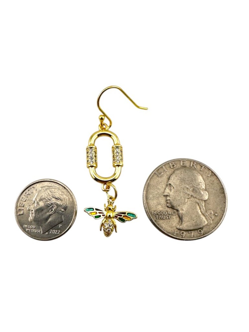 Gold Filled Bee Earrings Paperclip CZ Enamel Dangle Handmade 18KT - Picture 7 of 13